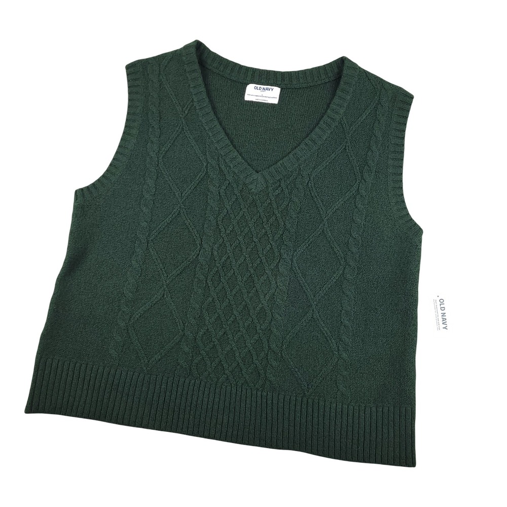 Old Navy Womens SoSoft Cable Knit Sweater Vest Sz Large V Neck Green NWT Preppy